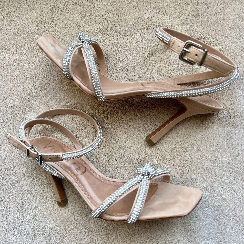 Anthropologie Vicenza Deena Nude Beige Crystal Embellished Heeled Sandal Size 7